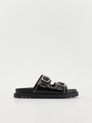 Reserved Leder Slidersbuckles Sandalen Damen Schwarz | 9256-FLIGW