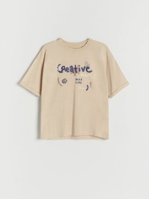 Reserved Oversized T-print T-shirts Jungen Beige | 3401-GHTNQ