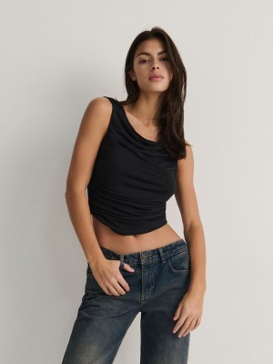 Reserved Shirred Crop Top T-shirts Damen Schwarz | 7651-LKMHQ