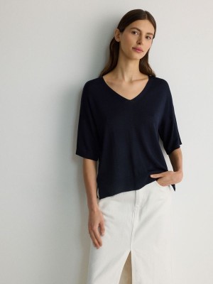 Reserved Viscose Rich Top Pullover Damen Navy | 6091-IUDNB