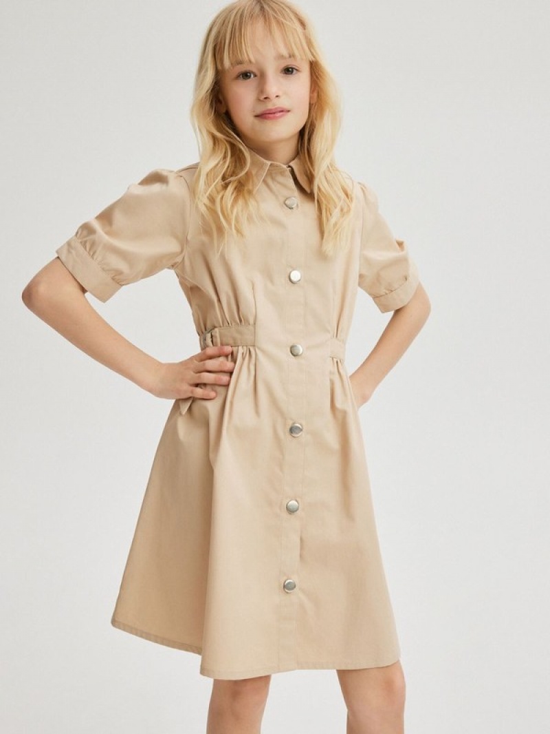 Reserved Baumwoll Kleid Mädchen Beige | 4857-SAYVB