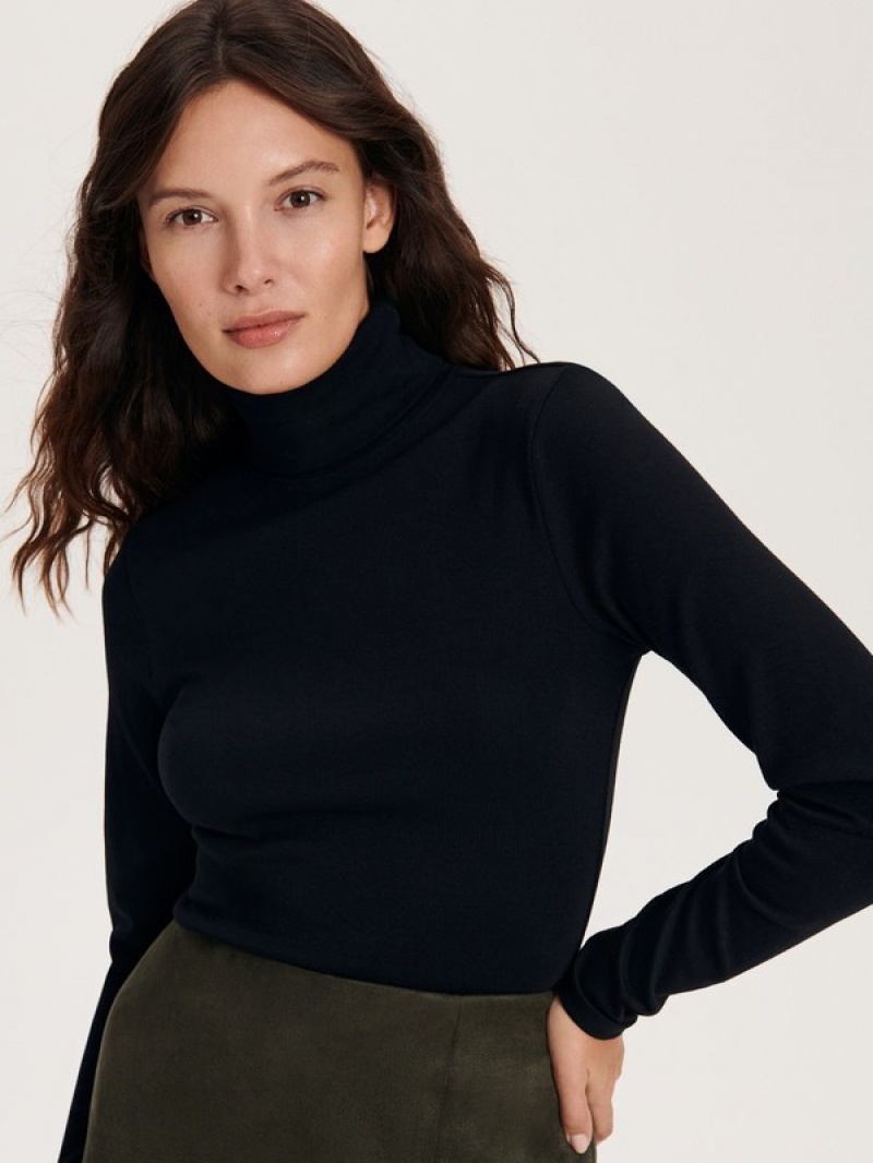 Reserved Baumwoll Rich Turtleneck T-shirts Damen Schwarz | 5379-GSTDW