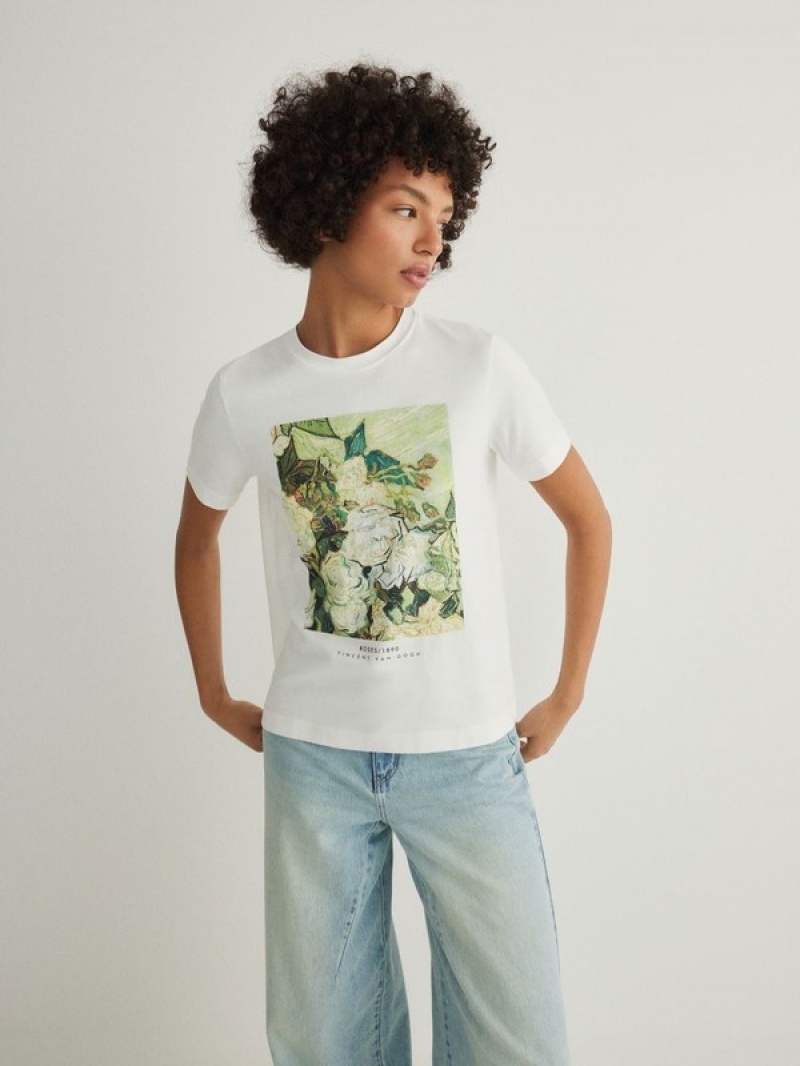 Reserved Baumwoll T-print T-shirts Damen Weiß | 6938-DZENQ