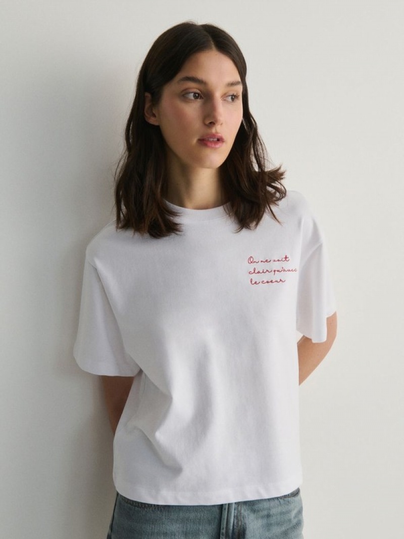 Reserved Boxy T-embroidery T-shirts Damen Weiß | 8067-UXBQG