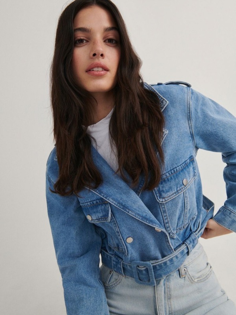 Reserved Cropped Denim With Jacken Damen Blau | 2065-TENCQ