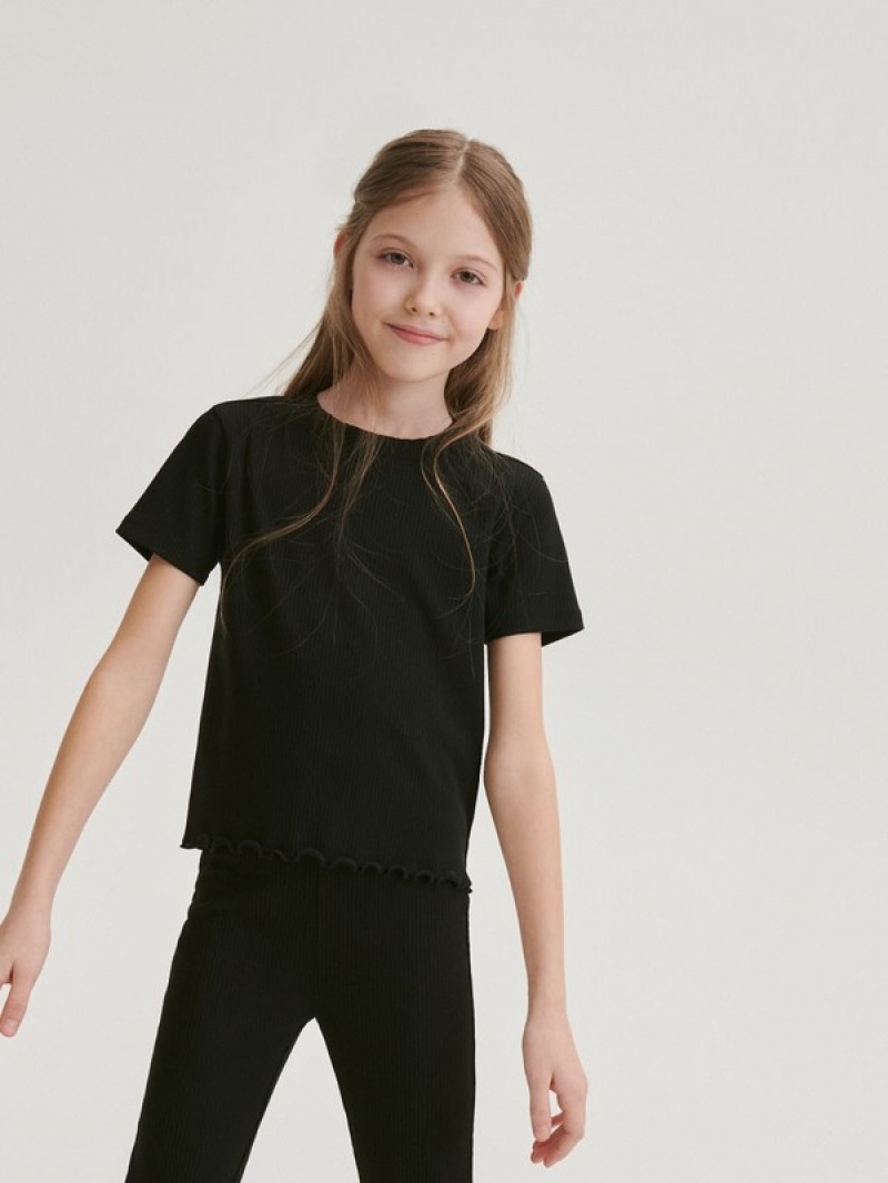 Reserved Cropped T-peplum Hem T-shirts Mädchen Schwarz | 0568-AKJDN