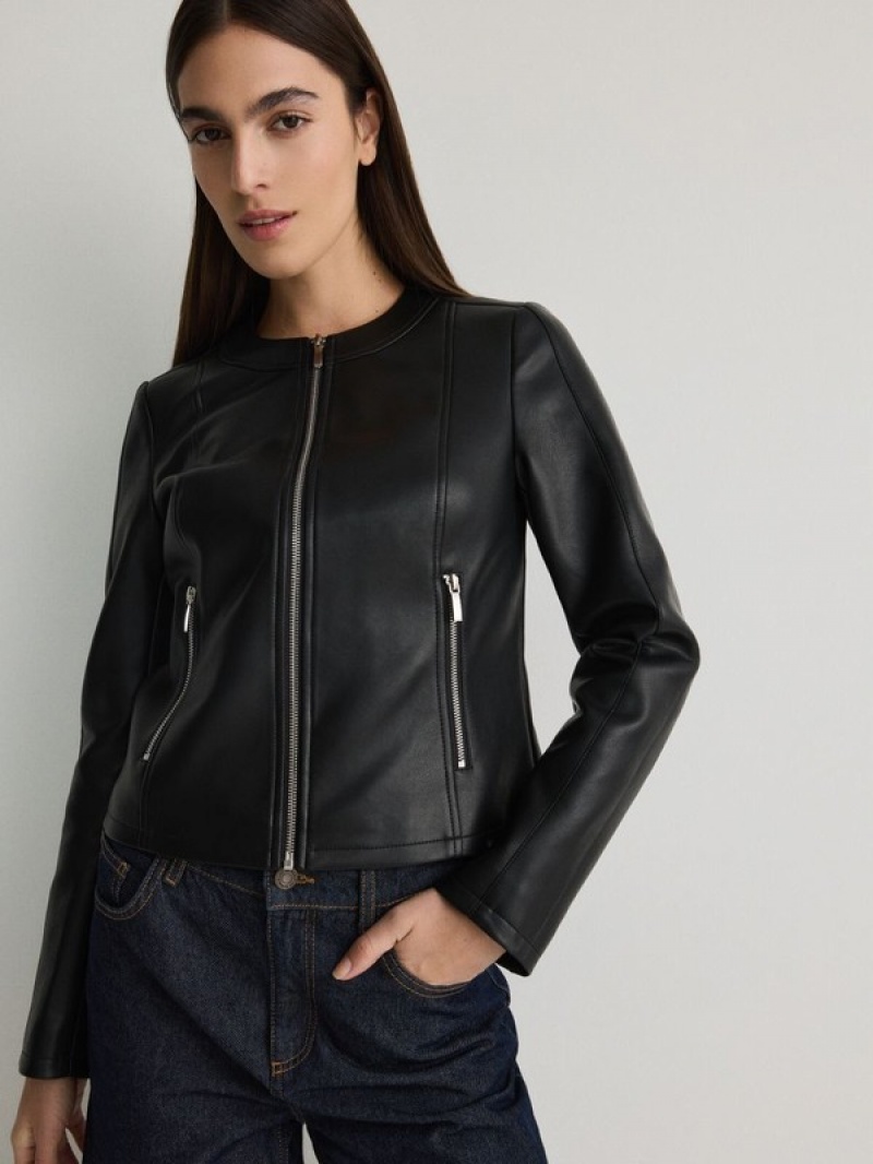 Reserved Faux Leder Biker Jacken Damen Schwarz | 1602-OERXZ