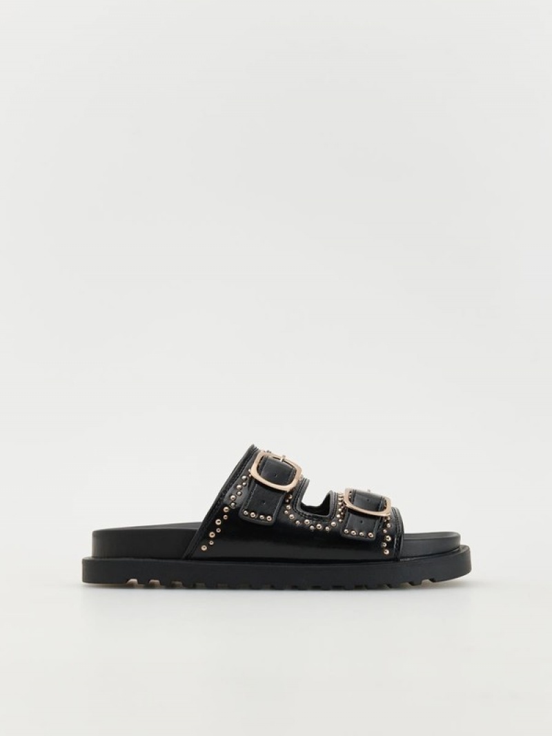 Reserved Leder Slidersbuckles Sandalen Damen Schwarz | 3958-ZYOBC