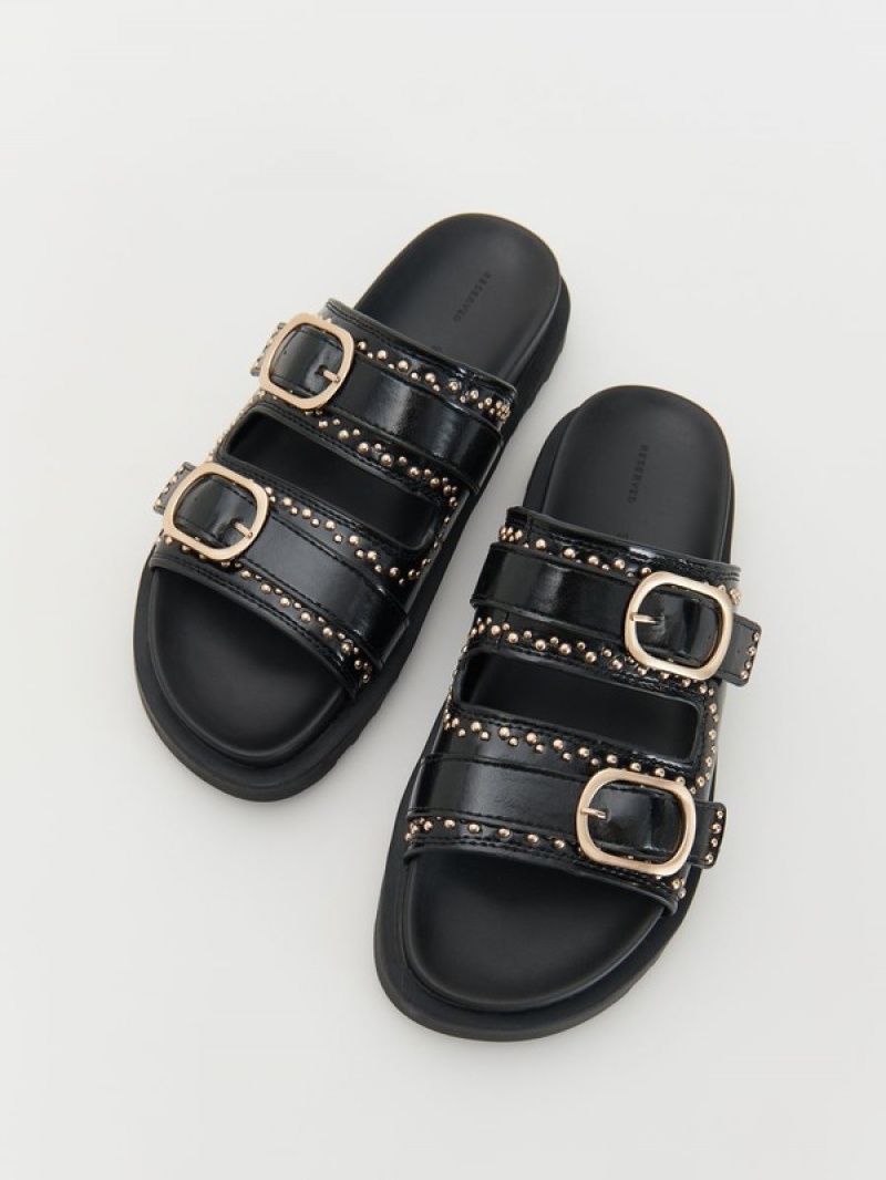 Reserved Leder Slidersbuckles Sandalen Damen Schwarz | 3958-ZYOBC