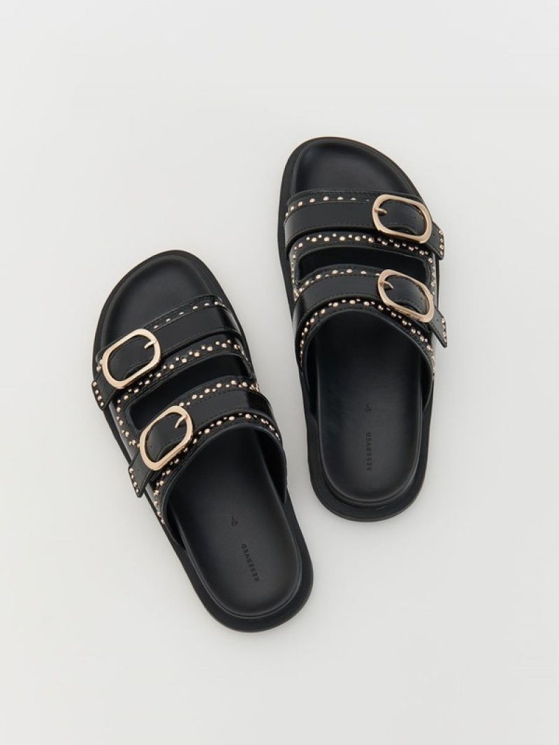 Reserved Leder Slidersbuckles Sandalen Damen Schwarz | 3958-ZYOBC