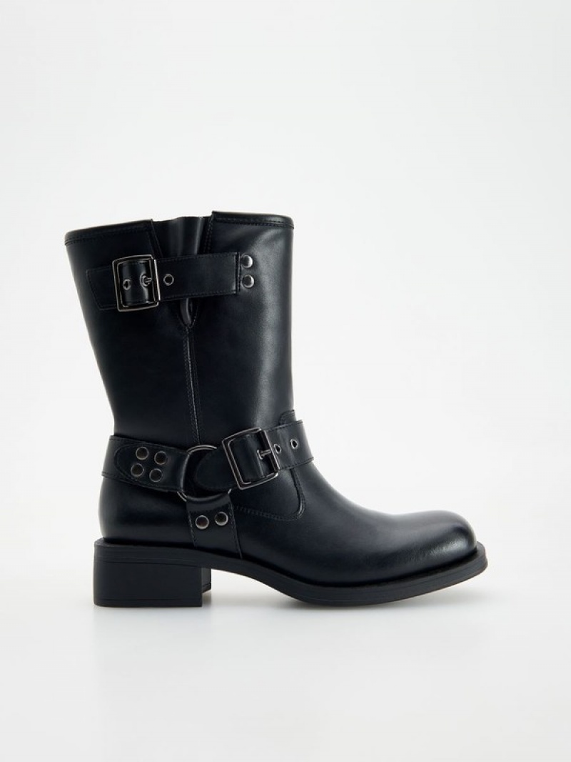 Reserved Leder Stiefeletten Damen Schwarz | 5641-IYMAN