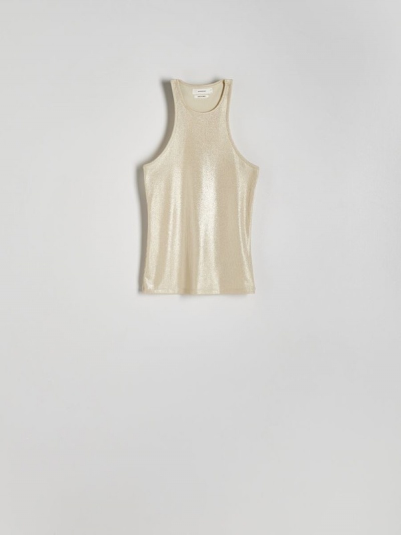 Reserved Metallic Effect Top T-shirts Damen Beige | 3692-MGLND