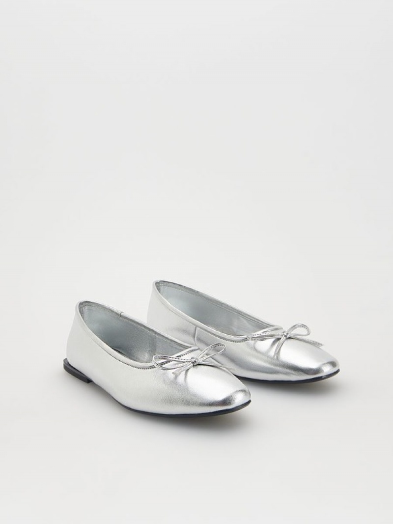 Reserved Metallic Natural Leder Ballerinas Halbschuhe Damen Silber | 5134-ZQSPH