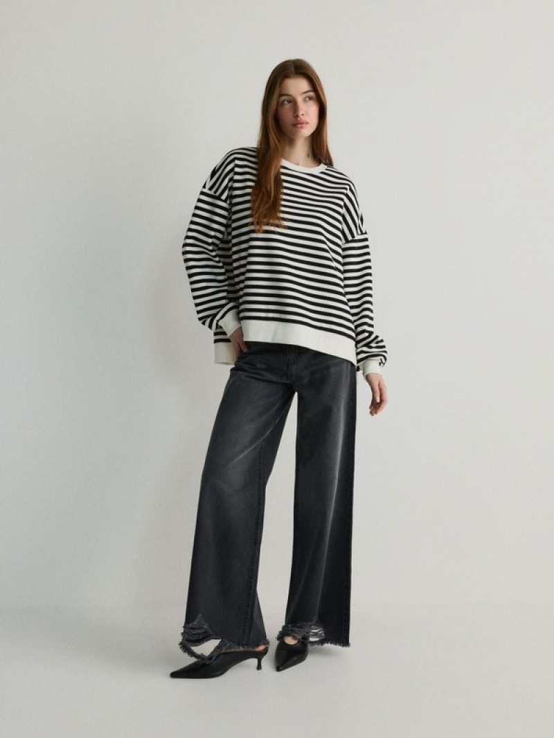 Reserved Oversized Stripe Sweatshirts Damen Schwarz | 4172-HEFUW