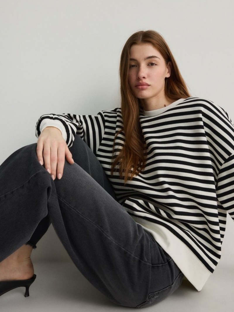 Reserved Oversized Stripe Sweatshirts Damen Schwarz | 4172-HEFUW