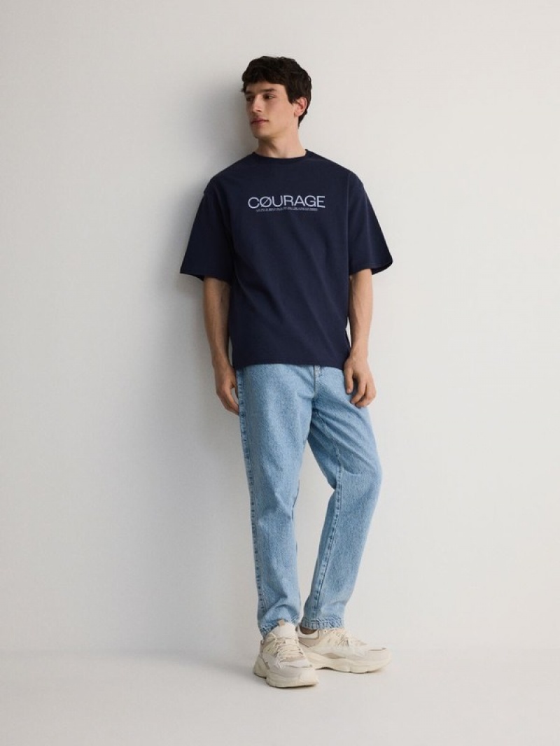 Reserved Oversized T-print T-shirts Herren Navy | 8924-ISPWU