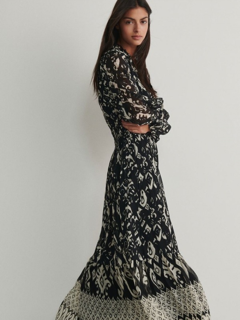 Reserved Patterned Maxi Kleid Damen Schwarz | 6973-VAYFP