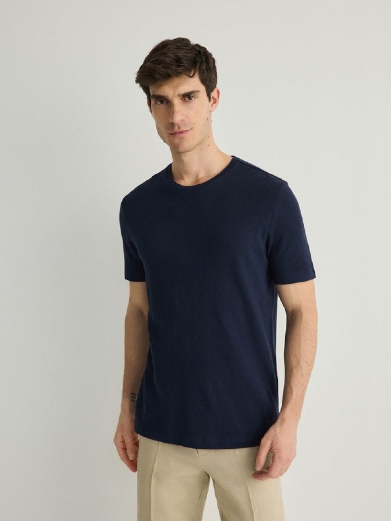 Reserved Regular Fit T-linen Blend T-shirts Herren Navy | 3502-IXLTE