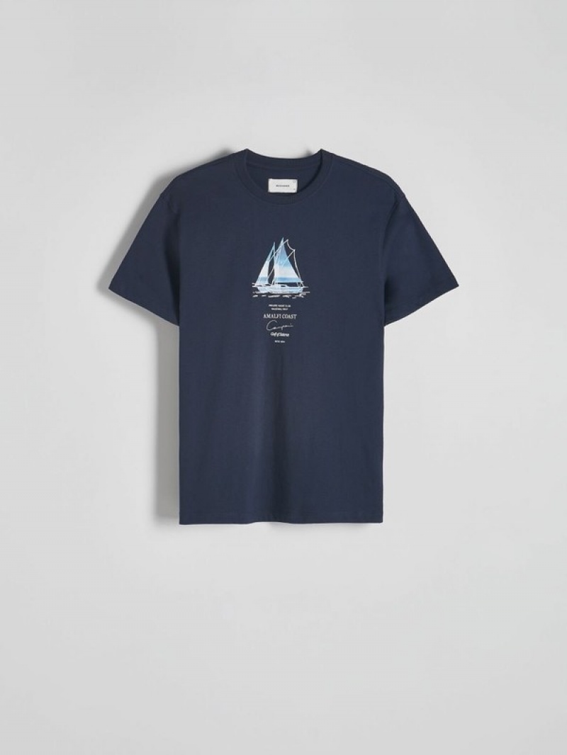 Reserved Regular Fit T-print T-shirts Herren Navy | 1538-DHLAS