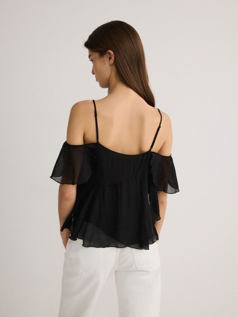 Reserved Ruffle T-shirts Damen Schwarz | 1743-CZLYT