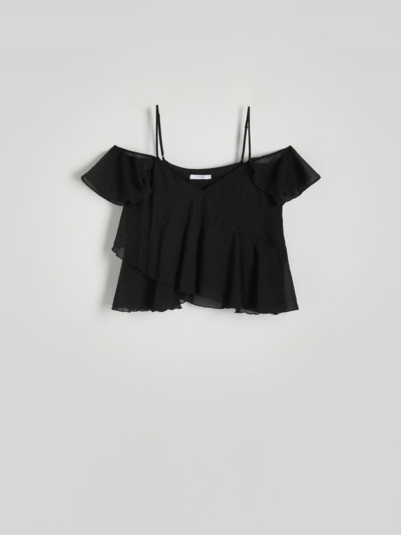 Reserved Ruffle T-shirts Damen Schwarz | 1743-CZLYT