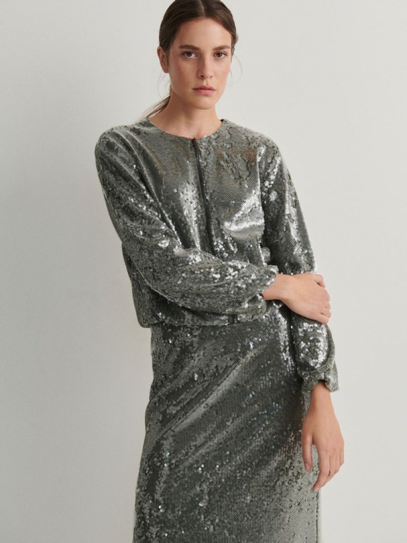 Reserved Sequin Bomber Jacken Damen Grün | 3957-KMIOQ