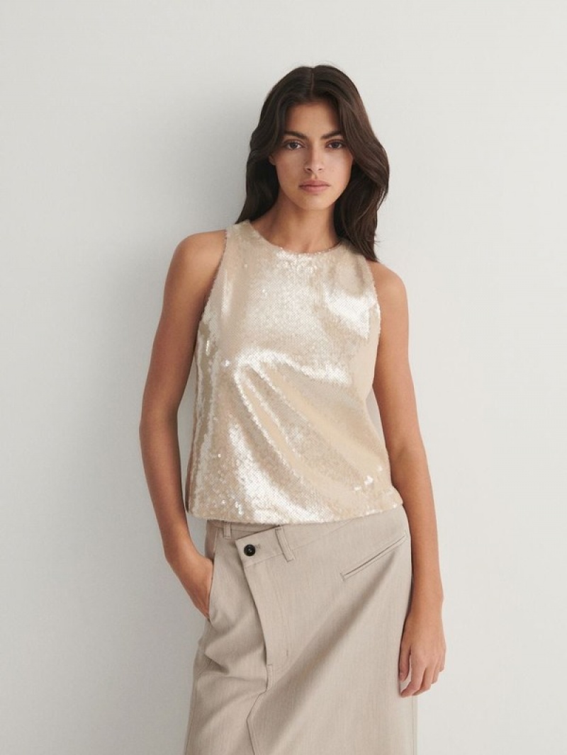 Reserved Sequin Jersey Top T-shirts Damen Beige | 4682-DYLEJ