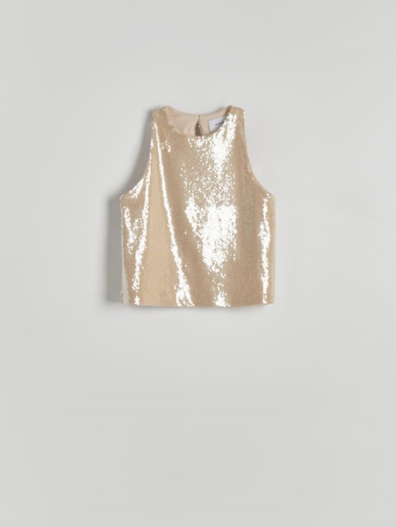 Reserved Sequin Jersey Top T-shirts Damen Beige | 4682-DYLEJ