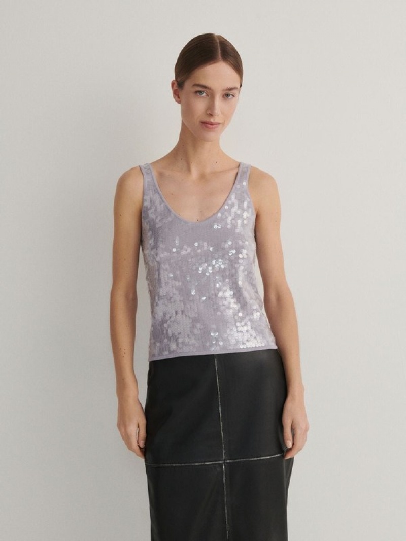 Reserved Sequin Top T-shirts Damen Grau | 8964-XJBQO