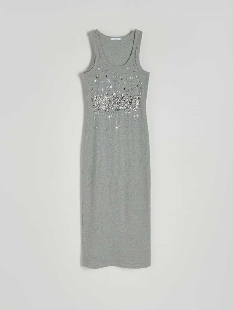 Reserved Shiny Appliqués Kleid Damen Grau | 8946-UZTWK