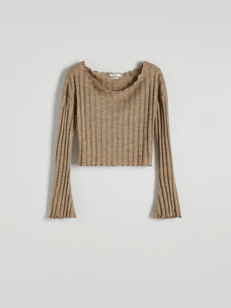 Reserved Structural Jersey Longsleeve T-shirts Damen Beige | 1478-YRNVU