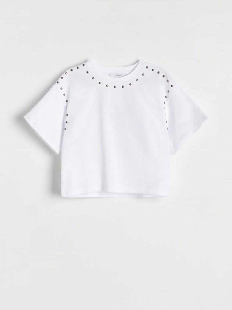 Reserved Studded T-shirts Mädchen Weiß | 5846-ALGJB