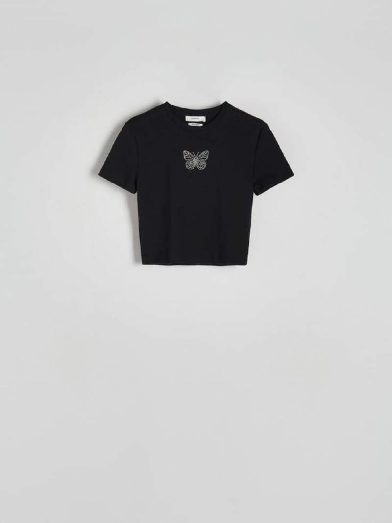 Reserved T-appliqué T-shirts Damen Schwarz | 1849-RENOL