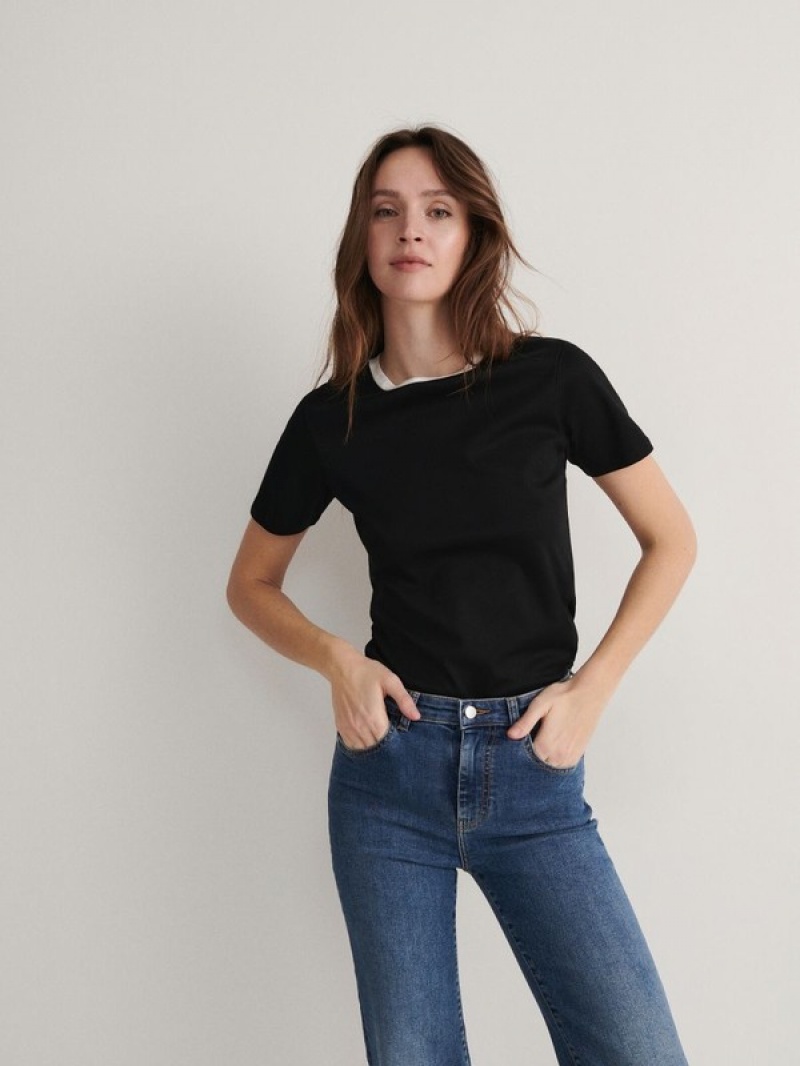 Reserved T-contrasting Trim T-shirts Damen Schwarz | 1056-LQAIV