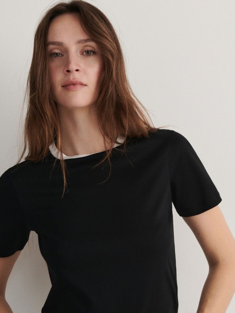 Reserved T-contrasting Trim T-shirts Damen Schwarz | 1056-LQAIV