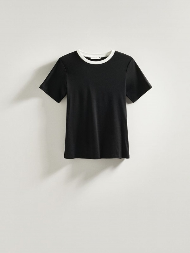 Reserved T-contrasting Trim T-shirts Damen Schwarz | 1056-LQAIV