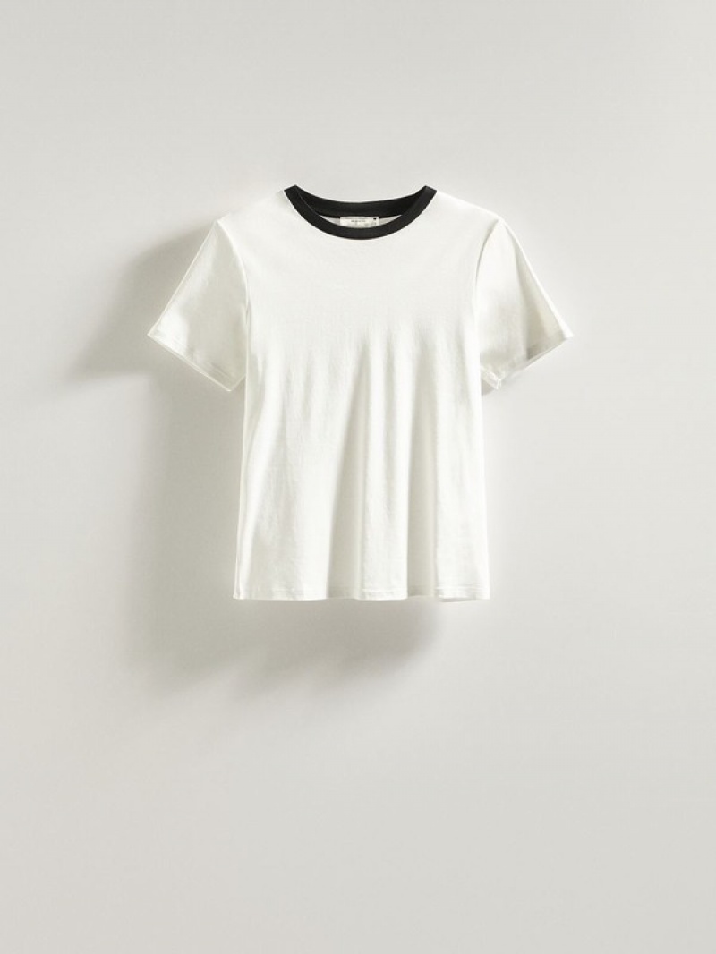 Reserved T-contrasting Trim T-shirts Damen Weiß | 7598-TAIUS