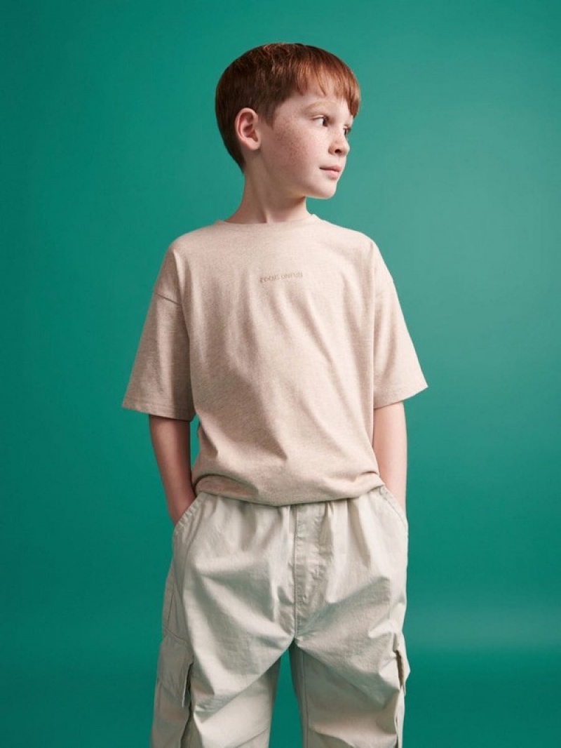 Reserved T-embroidery Detailing T-shirts Jungen Beige | 7140-YEAMS