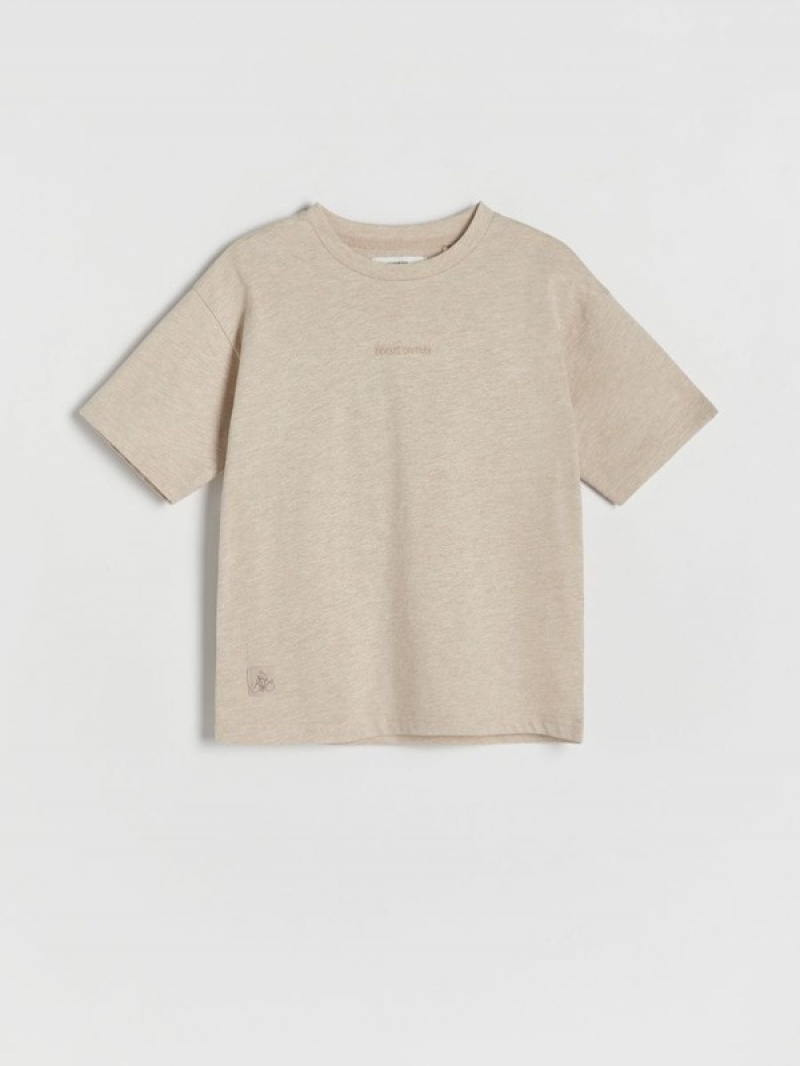 Reserved T-embroidery Detailing T-shirts Jungen Beige | 7140-YEAMS