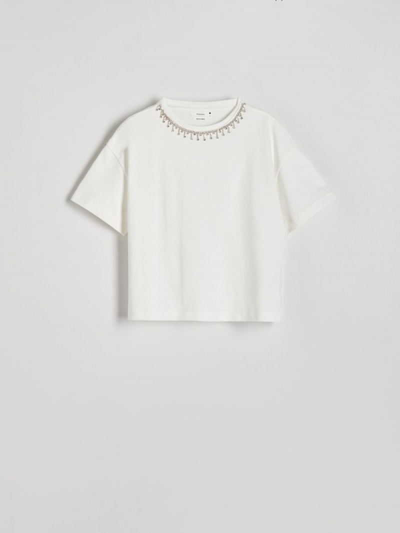 Reserved T-jewellery Detailing T-shirts Damen Weiß | 6273-WUTFB