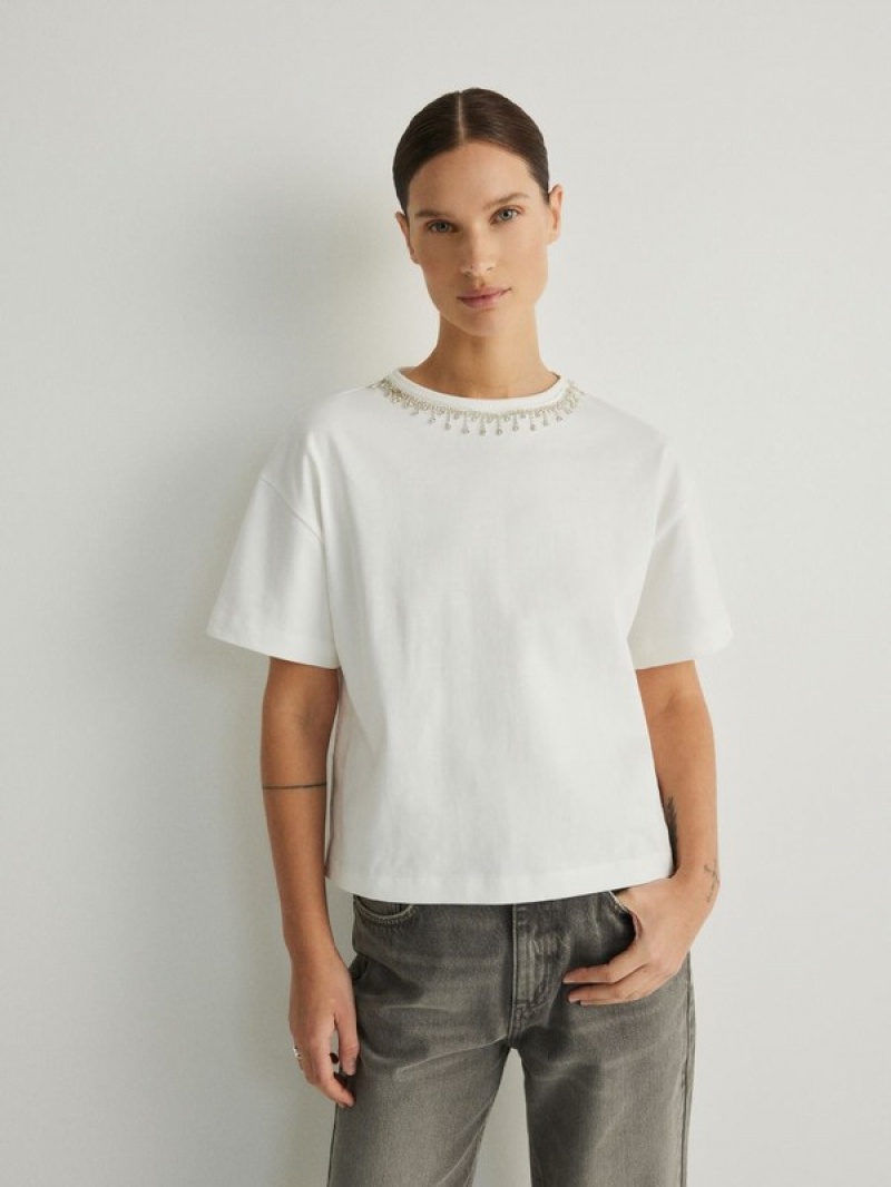 Reserved T-jewellery Detailing T-shirts Damen Weiß | 6273-WUTFB